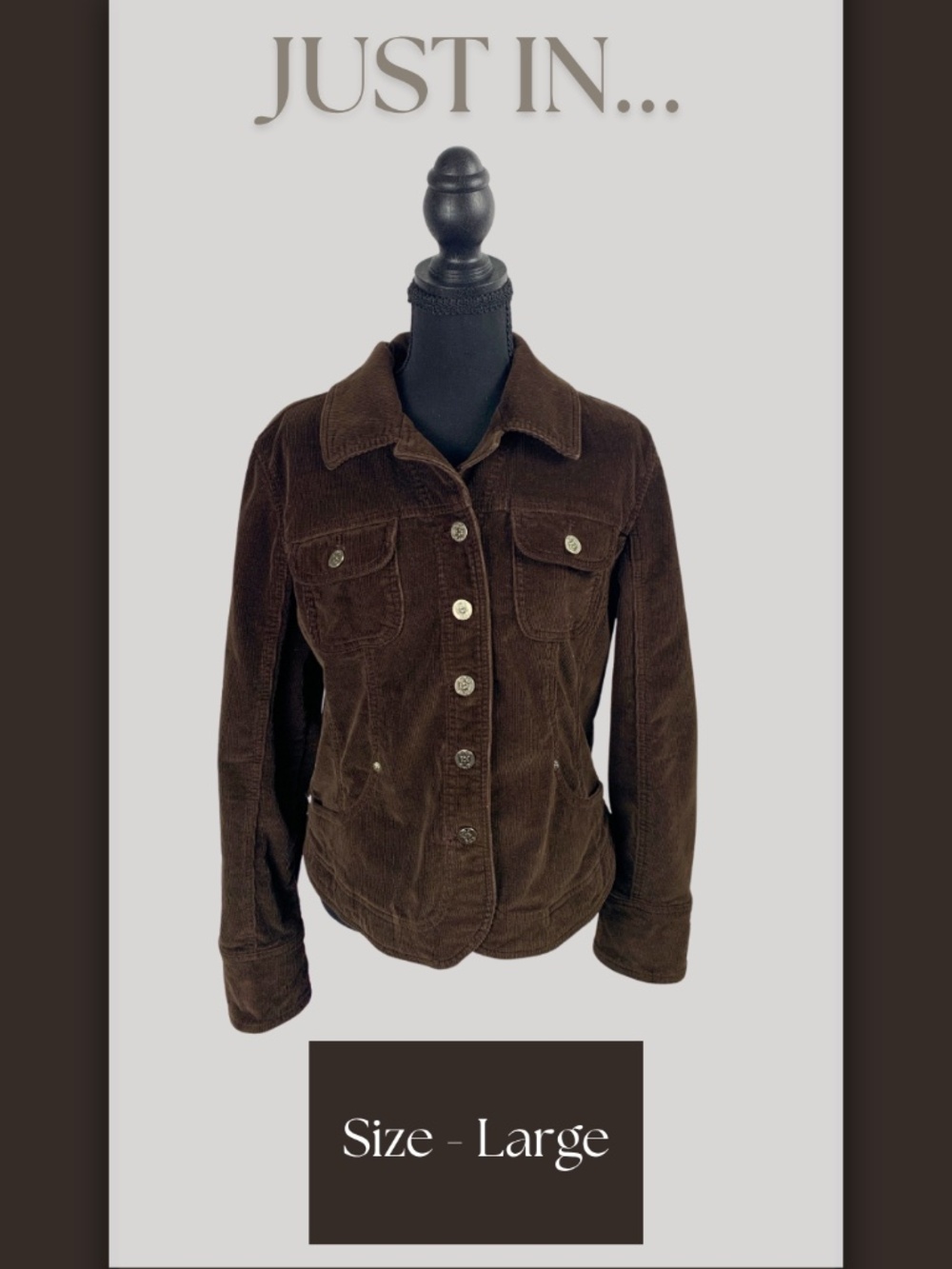 Dark Brown Button Up Corduroy Jacket Women's L Front Pockets Boho Casual Fall